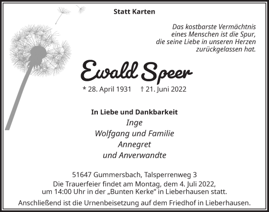 Anzeige von Ewald Speer von  Anzeigen Echo 