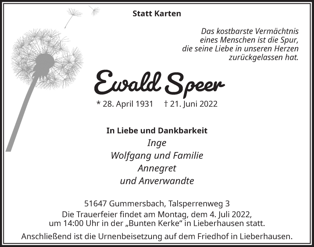  Traueranzeige für Ewald Speer vom 01.07.2022 aus  Anzeigen Echo 