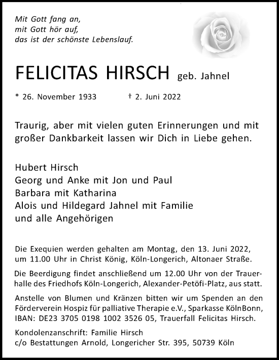 Anzeige von Felicitas Hirsch von Kölner Stadt-Anzeiger / Kölnische Rundschau / Express