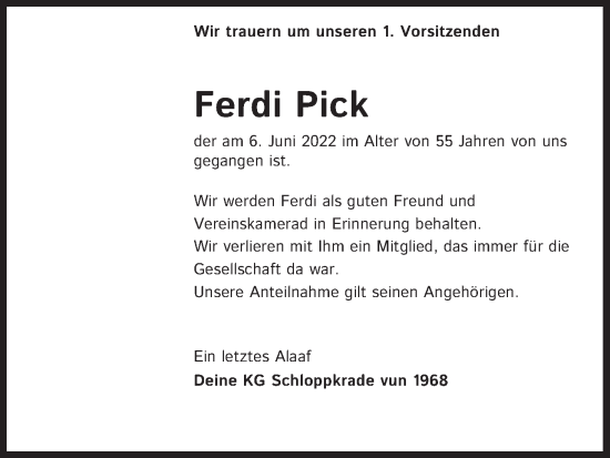 Anzeige von Ferdi Pick von Kölner Stadt-Anzeiger / Kölnische Rundschau / Express
