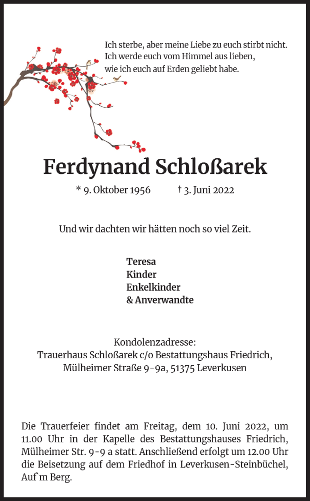  Traueranzeige für Ferdynand Schloßarek vom 09.06.2022 aus Kölner Stadt-Anzeiger / Kölnische Rundschau / Express