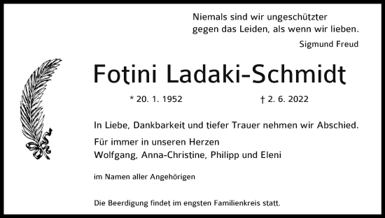 Anzeige von Fotini Ladaki-Schmidt von Kölner Stadt-Anzeiger / Kölnische Rundschau / Express