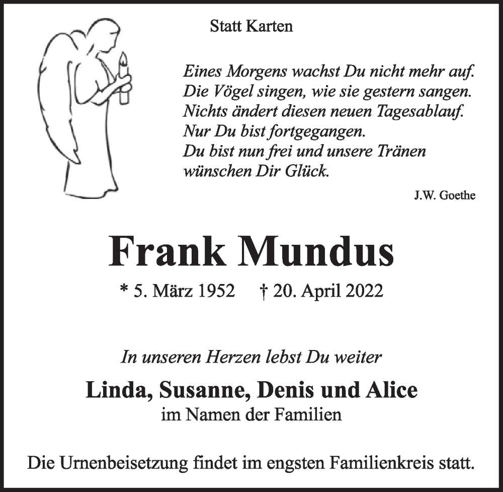  Traueranzeige für Frank Mundus vom 03.06.2022 aus  Werbepost 