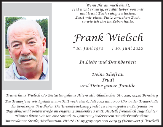 Anzeige von Frank Wielsch von Kölner Stadt-Anzeiger / Kölnische Rundschau / Express