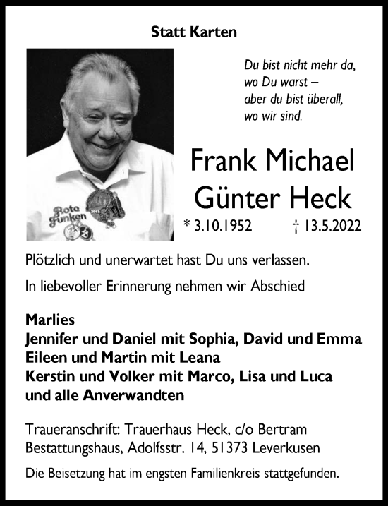 Anzeige von Frank Michael Günter Heck von  Lokale Informationen 