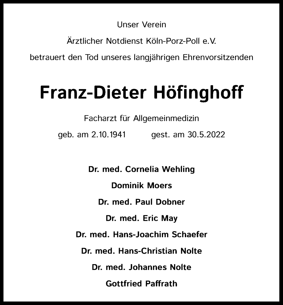  Traueranzeige für Franz-Dieter Höfinghoff vom 11.06.2022 aus Kölner Stadt-Anzeiger / Kölnische Rundschau / Express