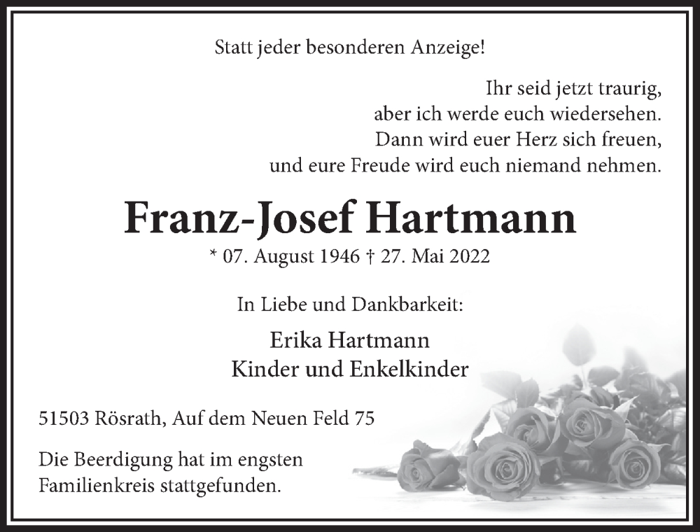  Traueranzeige für Franz-Josef Hartmann vom 01.07.2022 aus  Bergisches Handelsblatt 