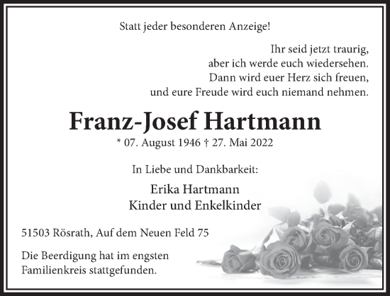 Anzeige von Franz-Josef Hartmann von  Bergisches Handelsblatt 