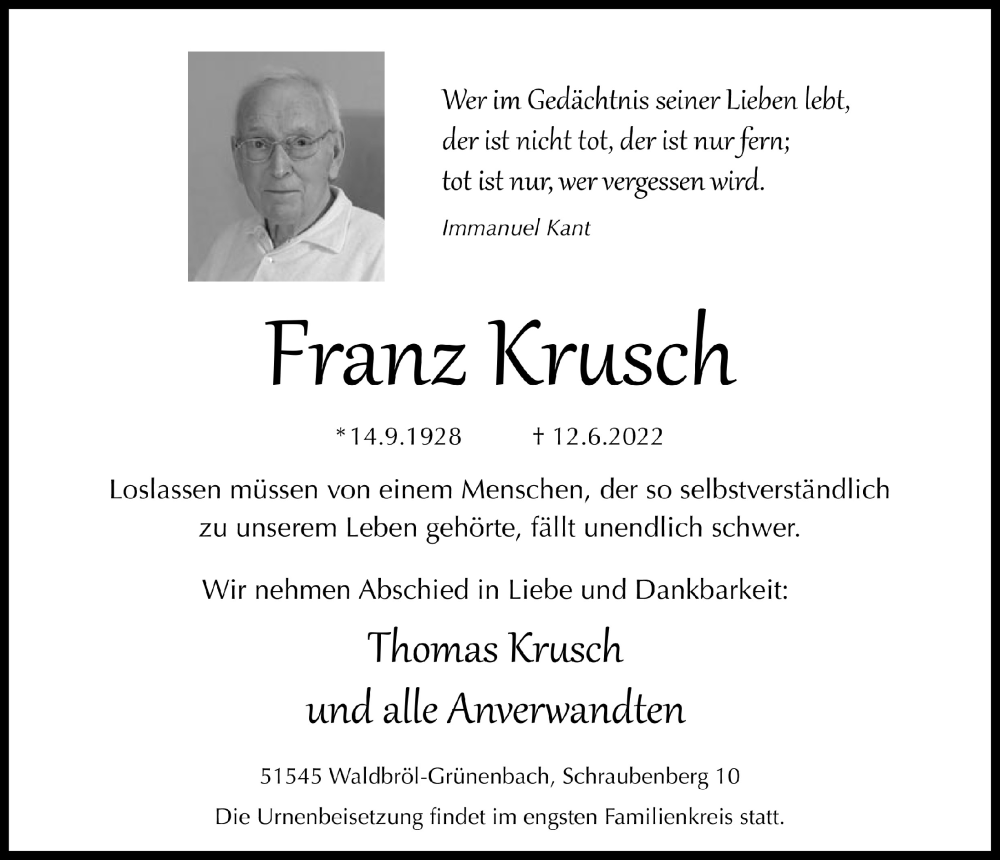  Traueranzeige für Franz Krusch vom 24.06.2022 aus  Lokalanzeiger 