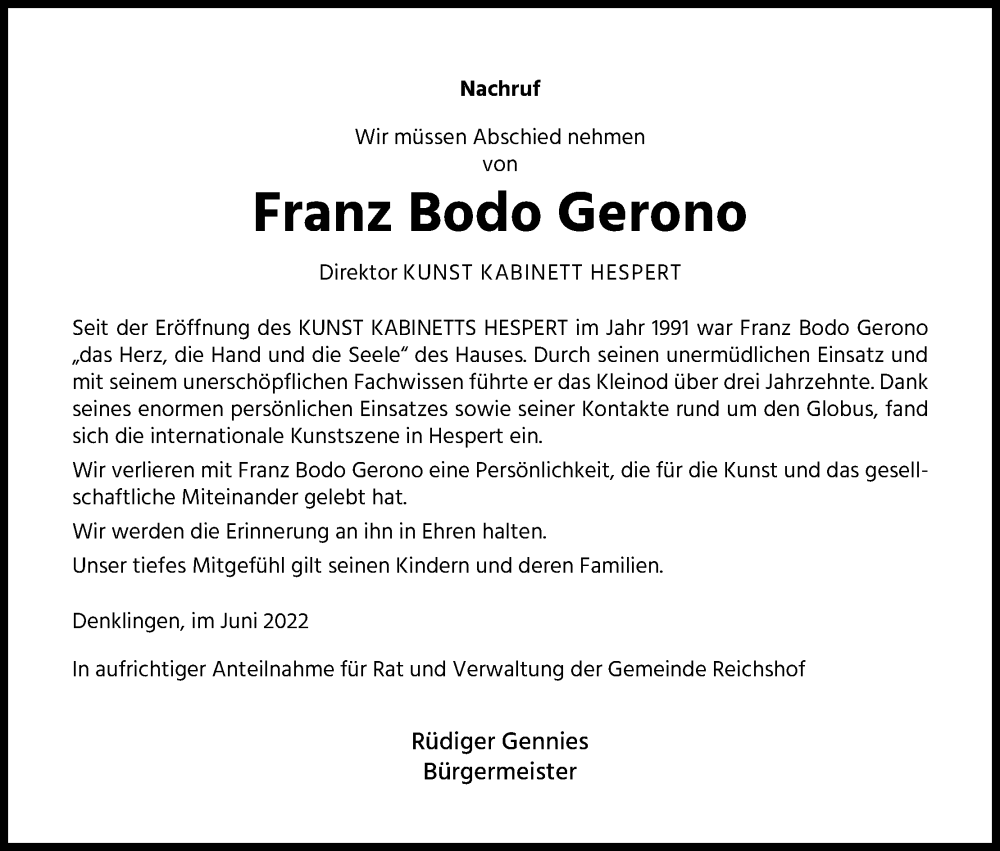  Traueranzeige für Franz Bodo Gerono vom 11.06.2022 aus Kölner Stadt-Anzeiger / Kölnische Rundschau / Express