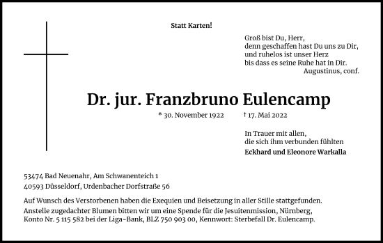 Anzeige von Franzbruno Eulencamp von Kölner Stadt-Anzeiger / Kölnische Rundschau / Express