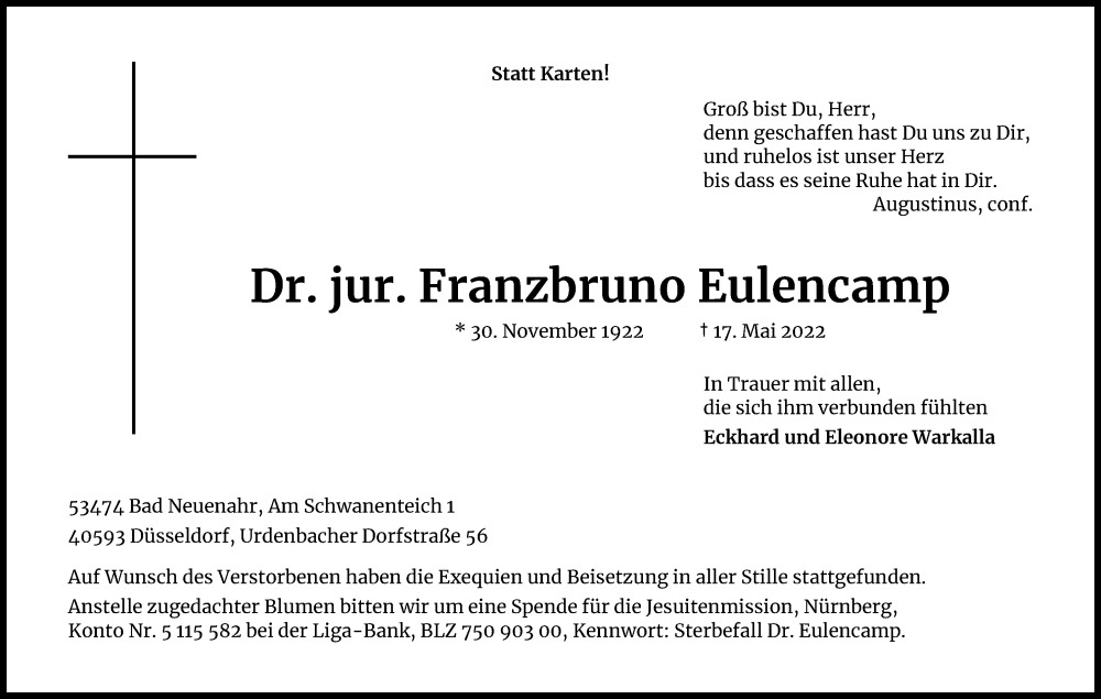  Traueranzeige für Franzbruno Eulencamp vom 25.06.2022 aus Kölner Stadt-Anzeiger / Kölnische Rundschau / Express