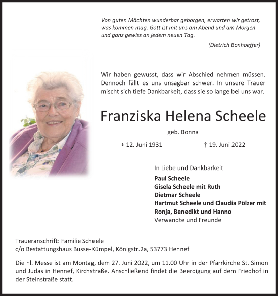 Anzeige von Franziska Helena Scheele von Kölner Stadt-Anzeiger / Kölnische Rundschau / Express