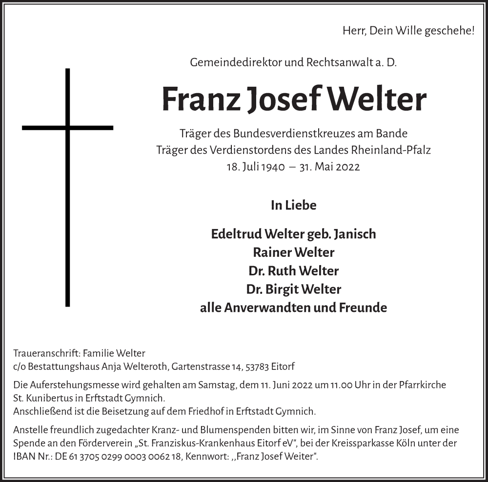  Traueranzeige für Franz Josef Welter vom 10.06.2022 aus  Werbepost 