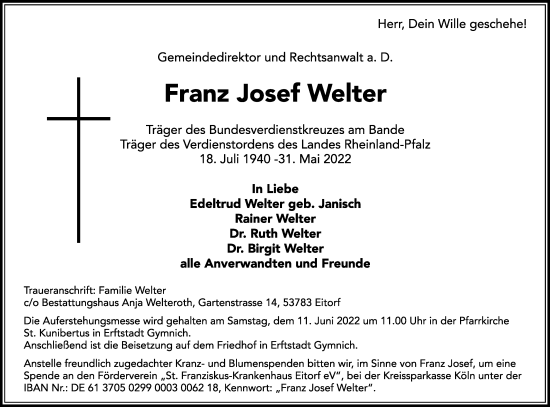 Anzeige von Franz Josef Welter von Kölner Stadt-Anzeiger / Kölnische Rundschau / Express