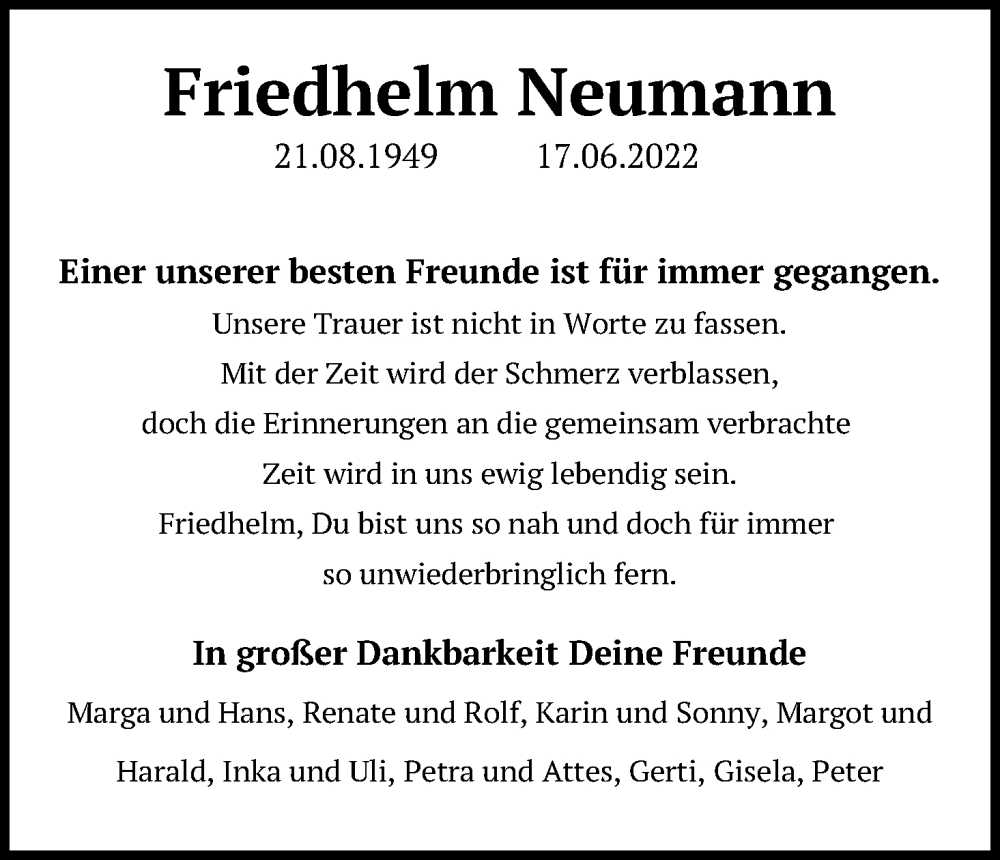  Traueranzeige für Friedhelm Neumann vom 23.06.2022 aus Kölner Stadt-Anzeiger / Kölnische Rundschau / Express