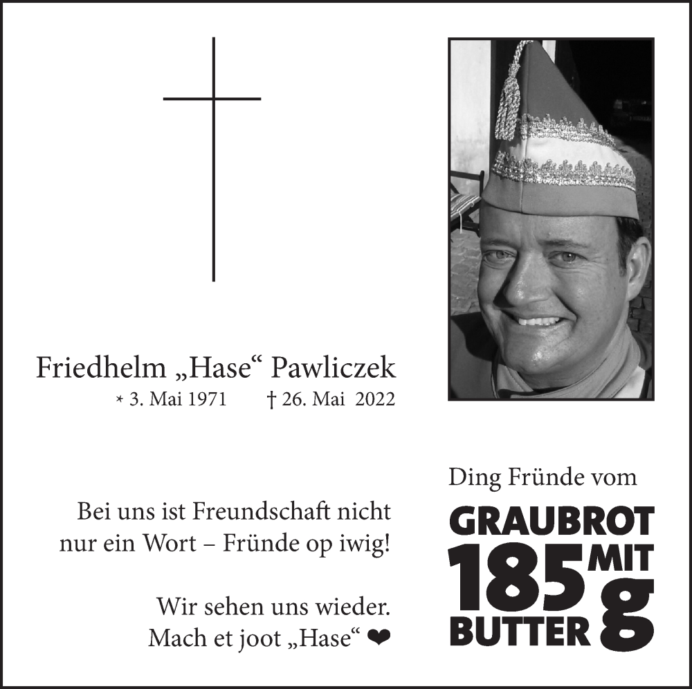  Traueranzeige für Friedhelm Pawliczek vom 03.06.2022 aus  Schaufenster/Blickpunkt 