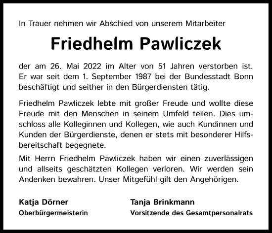 Anzeige von Friedhelm Pawliczek von Kölner Stadt-Anzeiger / Kölnische Rundschau / Express