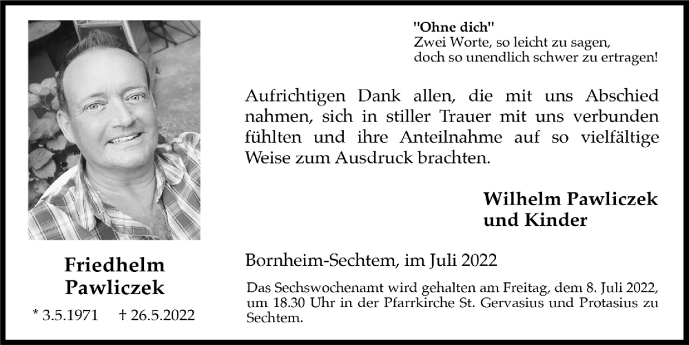  Traueranzeige für Friedhelm Pawliczek vom 01.07.2022 aus  Schlossbote/Werbekurier 