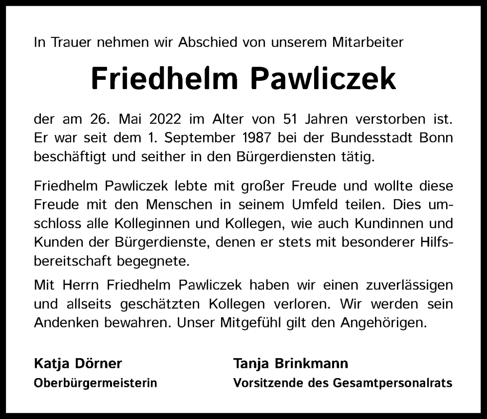  Traueranzeige für Friedhelm Pawliczek vom 11.06.2022 aus Kölner Stadt-Anzeiger / Kölnische Rundschau / Express