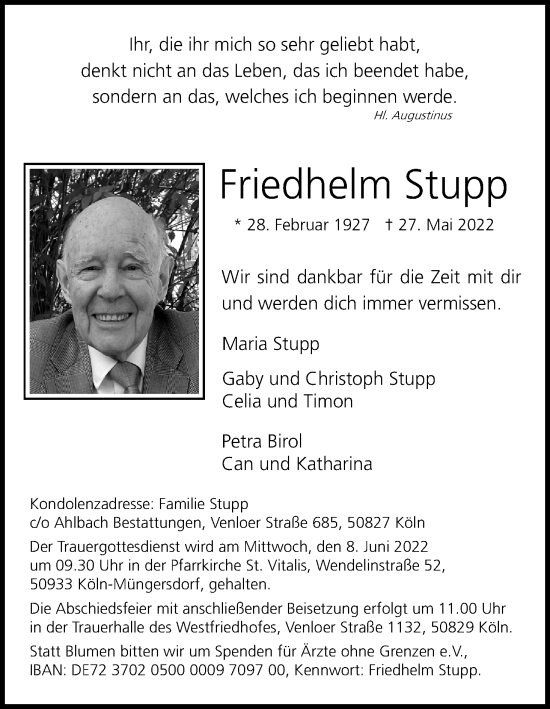 Anzeige von Friedhelm Stupp von Kölner Stadt-Anzeiger / Kölnische Rundschau / Express
