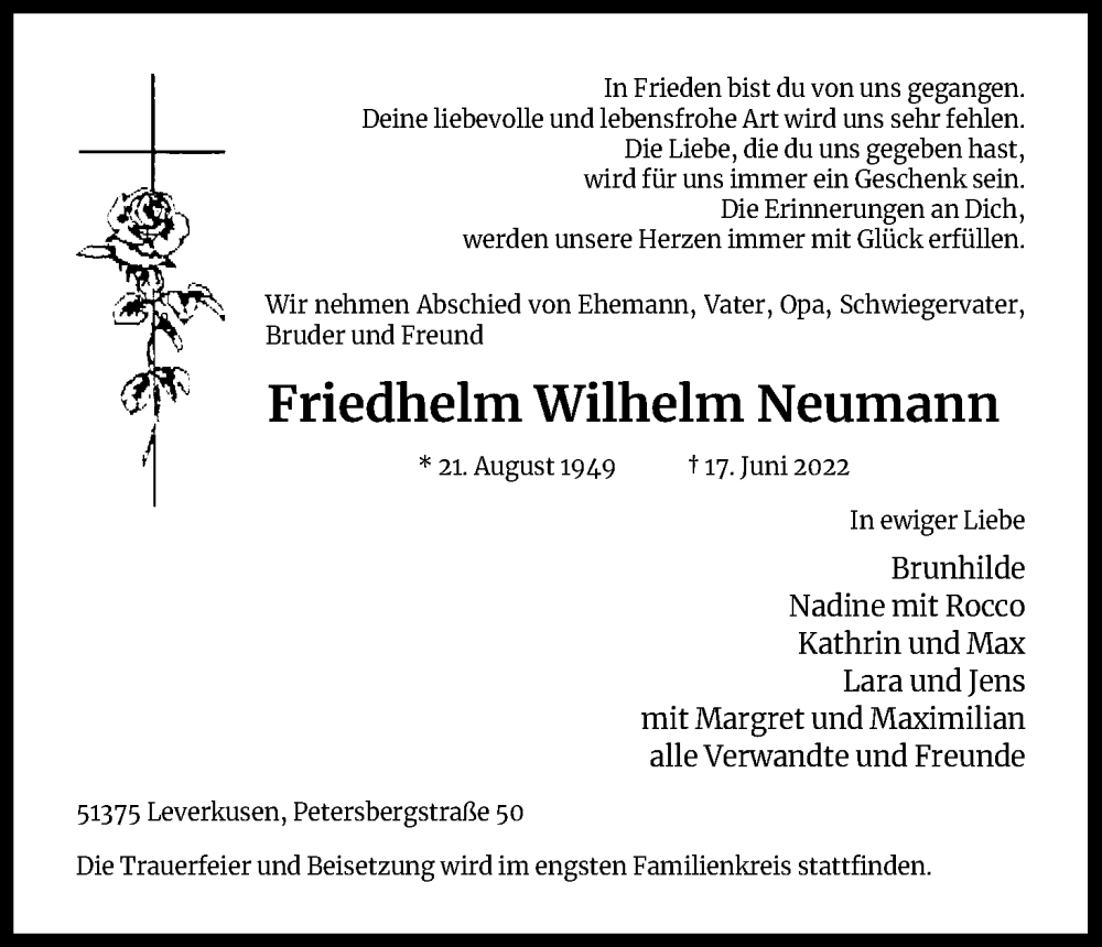  Traueranzeige für Friedhelm Wilhelm Neumann vom 22.06.2022 aus Kölner Stadt-Anzeiger / Kölnische Rundschau / Express