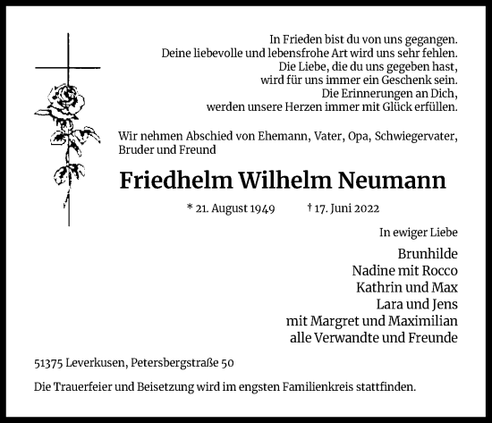 Anzeige von Friedhelm Wilhelm Neumann von Kölner Stadt-Anzeiger / Kölnische Rundschau / Express