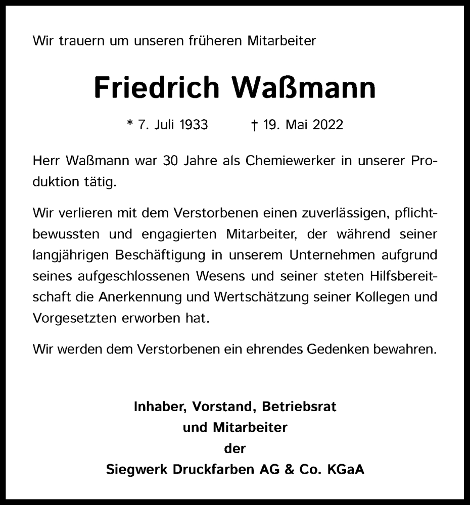  Traueranzeige für Friedrich Waßmann vom 11.06.2022 aus Kölner Stadt-Anzeiger / Kölnische Rundschau / Express