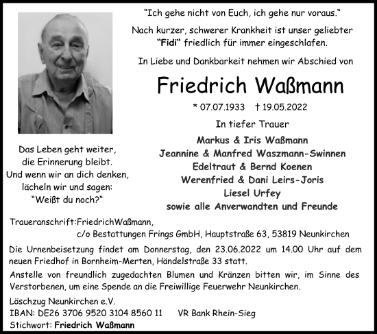 Anzeige von Friedrich Waßmann von Kölner Stadt-Anzeiger / Kölnische Rundschau / Express