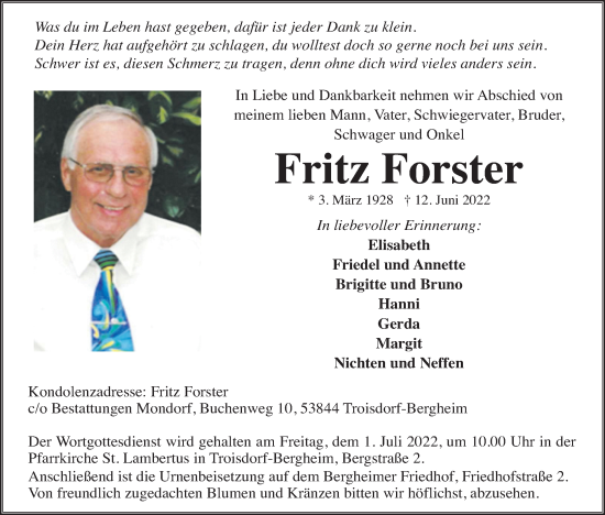 Anzeige von Fritz Forster von Kölner Stadt-Anzeiger / Kölnische Rundschau / Express