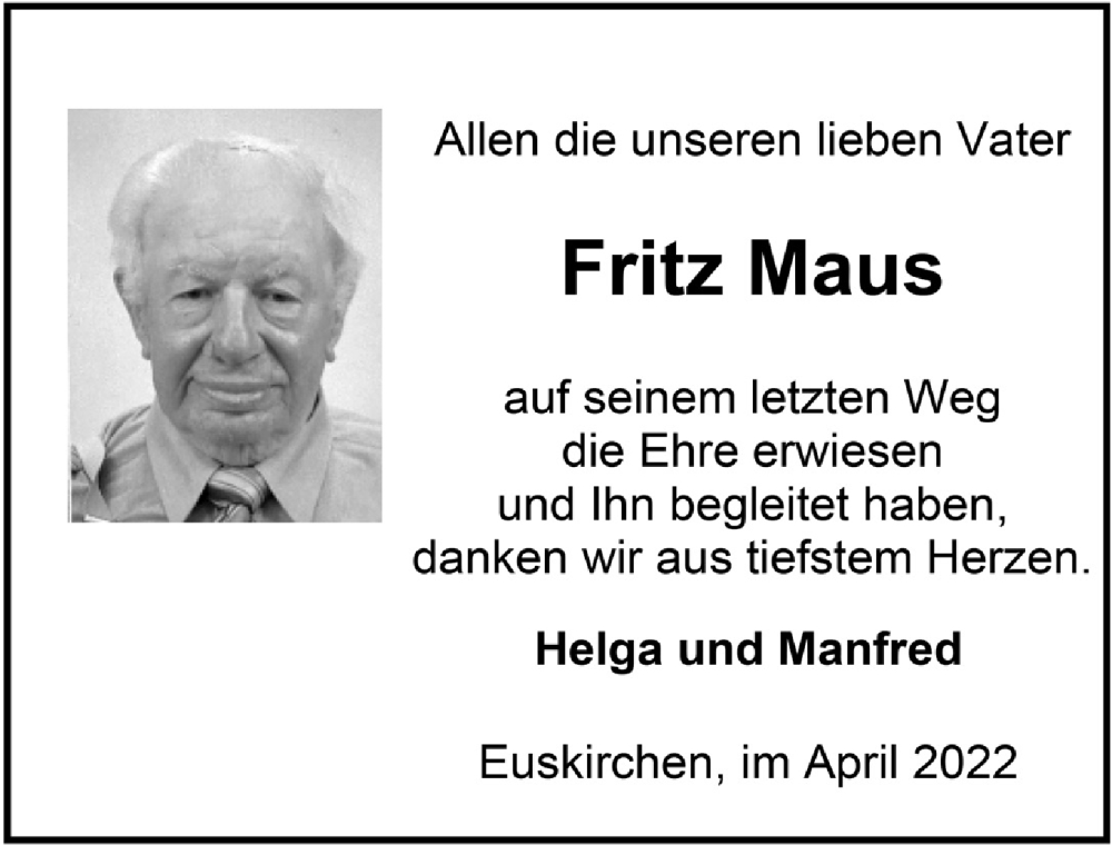  Traueranzeige für Fritz Maus vom 04.06.2022 aus  Blickpunkt Euskirchen 