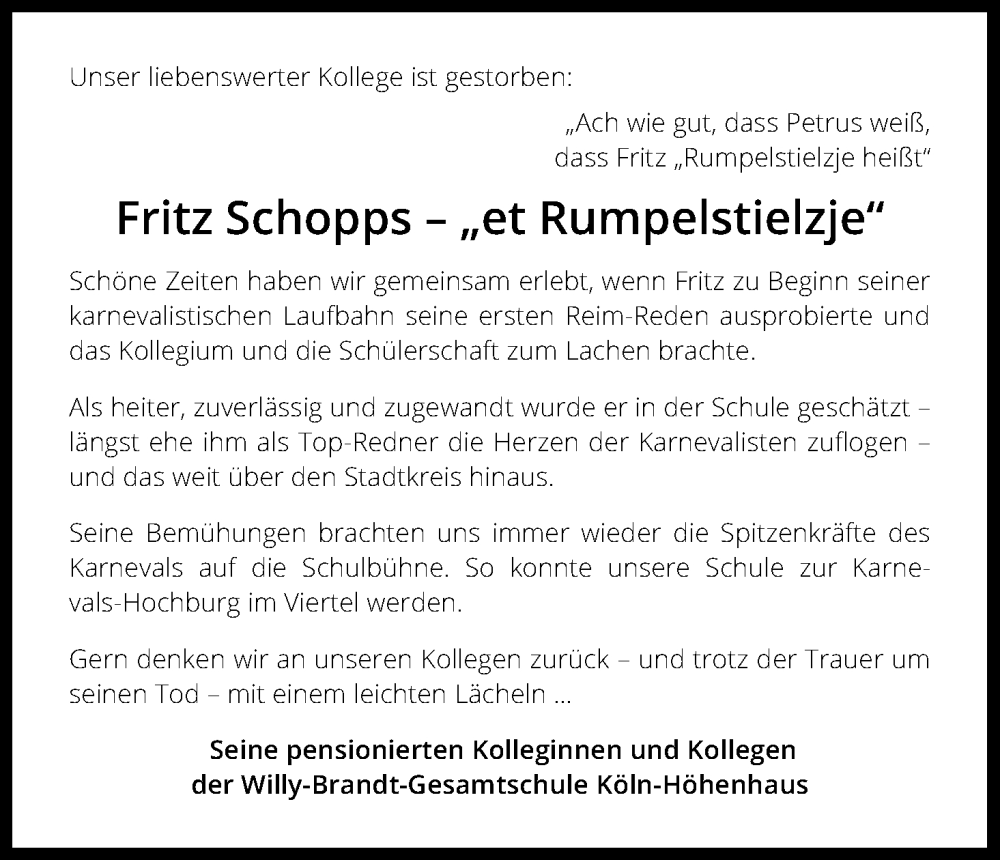  Traueranzeige für Fritz Schopps vom 18.06.2022 aus Kölner Stadt-Anzeiger / Kölnische Rundschau / Express
