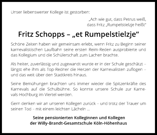 Anzeige von Fritz Schopps von Kölner Stadt-Anzeiger / Kölnische Rundschau / Express