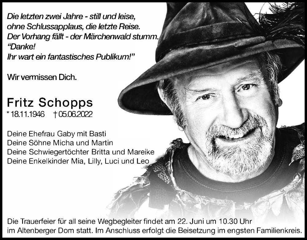  Traueranzeige für Fritz Schopps vom 18.06.2022 aus Kölner Stadt-Anzeiger / Kölnische Rundschau / Express