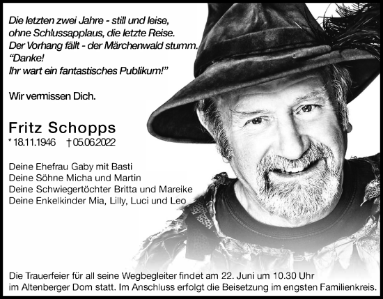 Anzeige von Fritz Schopps von Kölner Stadt-Anzeiger / Kölnische Rundschau / Express