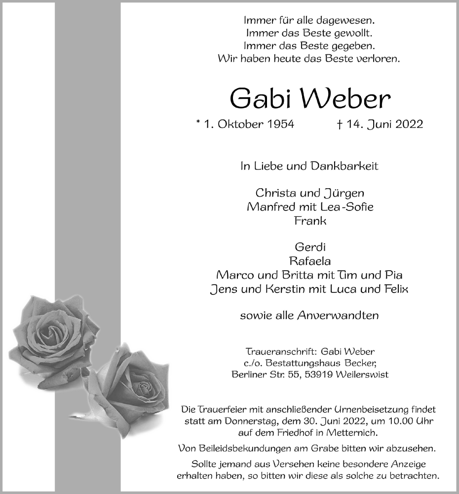 Traueranzeige für Gabi Weber vom 18.06.2022 aus  Blickpunkt Euskirchen 