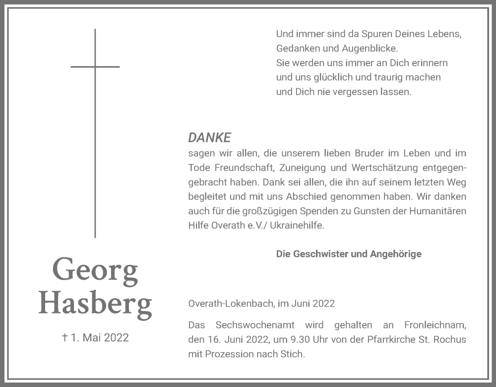  Traueranzeige für Georg Hasberg vom 04.06.2022 aus Kölner Stadt-Anzeiger / Kölnische Rundschau / Express
