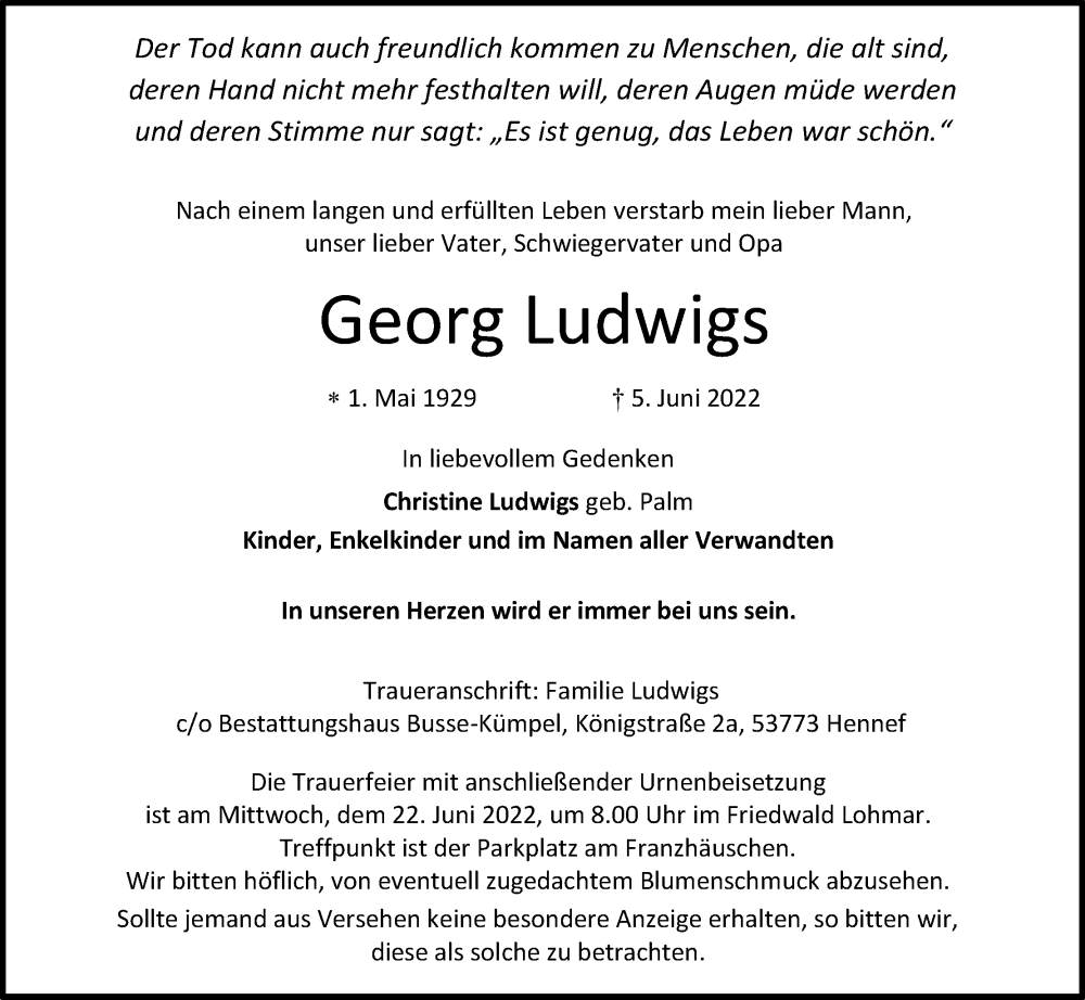  Traueranzeige für Georg Ludwigs vom 18.06.2022 aus Kölner Stadt-Anzeiger / Kölnische Rundschau / Express