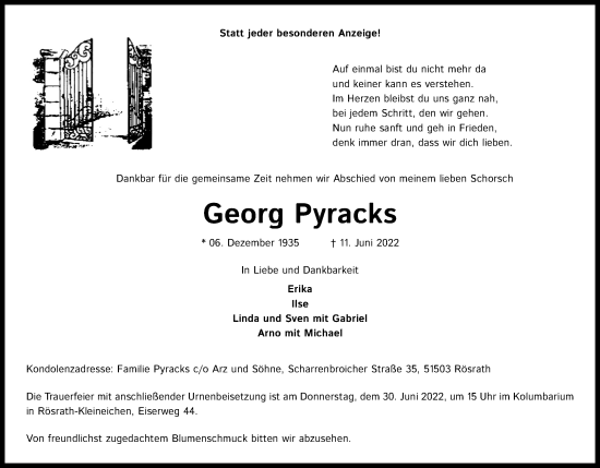 Anzeige von Georg Pyracks von Kölner Stadt-Anzeiger / Kölnische Rundschau / Express
