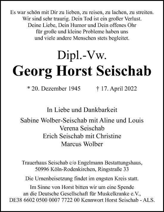 Anzeige von Georg Horst Seischab von Kölner Stadt-Anzeiger / Kölnische Rundschau / Express