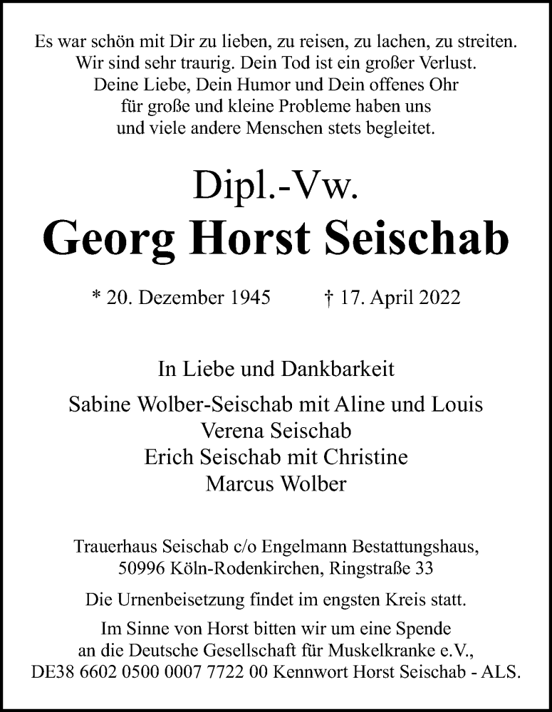 Traueranzeige für Georg Horst Seischab vom 04.06.2022 aus Kölner Stadt-Anzeiger / Kölnische Rundschau / Express