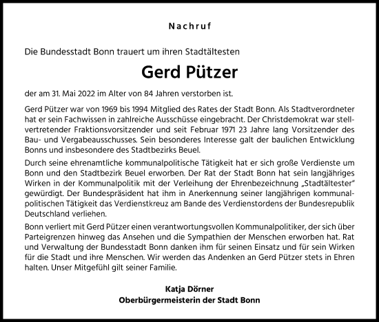 Anzeige von Gerd Pützer von Kölner Stadt-Anzeiger / Kölnische Rundschau / Express