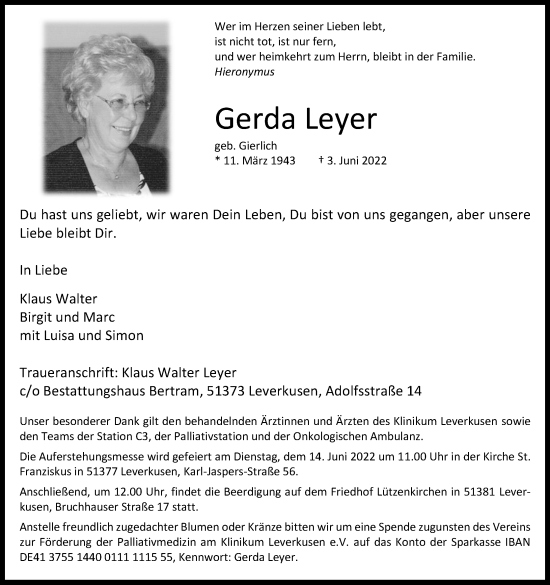 Anzeige von Gerda Leyer von Kölner Stadt-Anzeiger / Kölnische Rundschau / Express