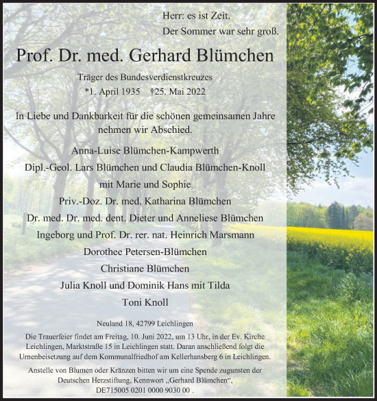 Anzeige von Gerhard Blümchen von Kölner Stadt-Anzeiger / Kölnische Rundschau / Express