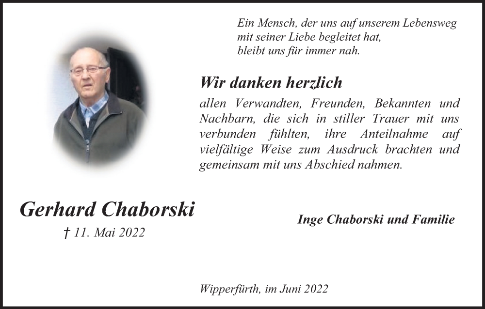  Traueranzeige für Gerhard Chaborski vom 18.06.2022 aus Kölner Stadt-Anzeiger / Kölnische Rundschau / Express