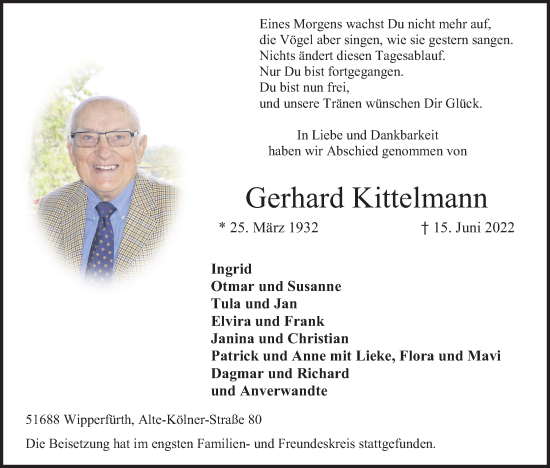 Anzeige von Gerhard Kittelmann von Kölner Stadt-Anzeiger / Kölnische Rundschau / Express