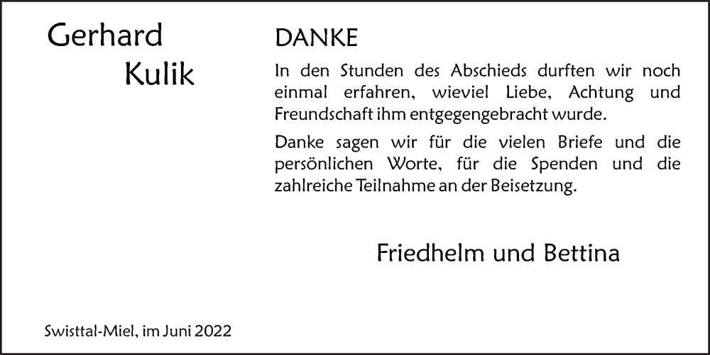  Traueranzeige für Gerhard Kulik vom 10.06.2022 aus  Schaufenster/Blickpunkt 