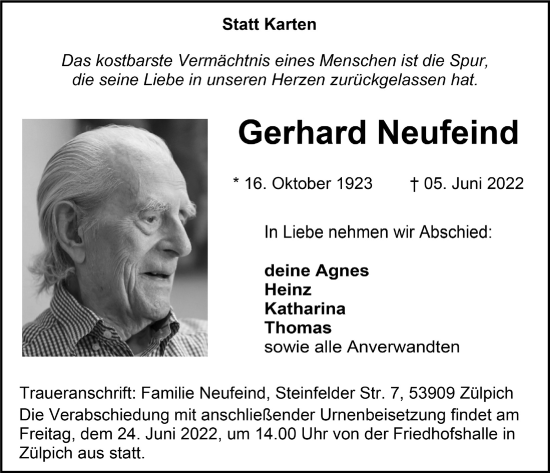 Anzeige von Gerhard Neufeind von  Blickpunkt Euskirchen 