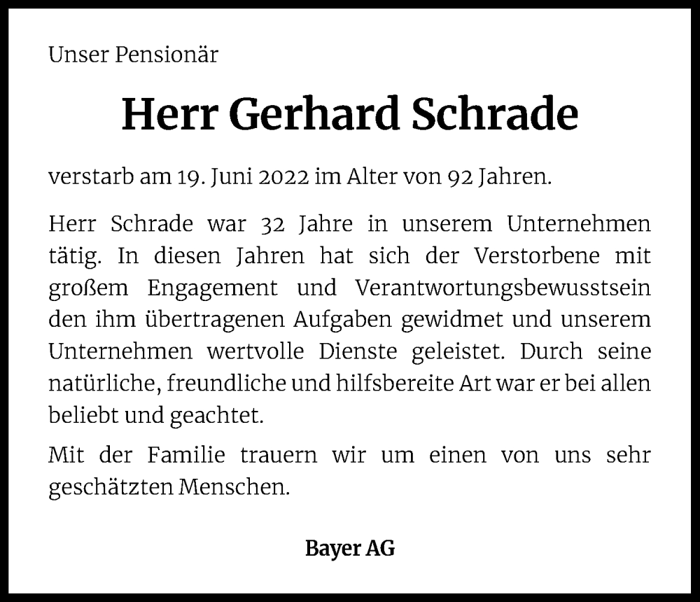  Traueranzeige für Gerhard Schrade vom 30.06.2022 aus Kölner Stadt-Anzeiger / Kölnische Rundschau / Express