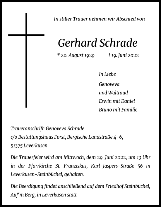 Anzeige von Gerhard Schrade von Kölner Stadt-Anzeiger / Kölnische Rundschau / Express